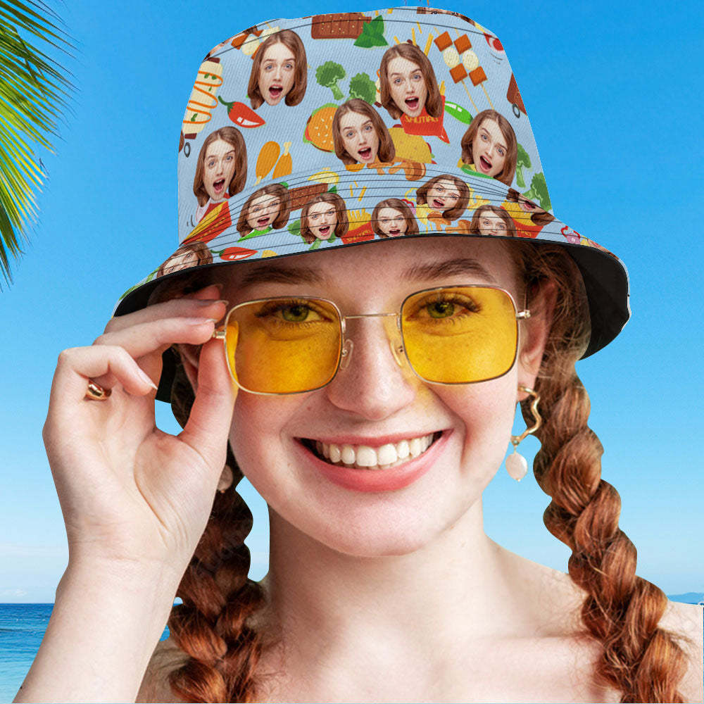 Custom Bucket Hat Personalize Face Food Bucket Hat Summer Wide Brim Fisherman Hat Gifts - auphotoblanket