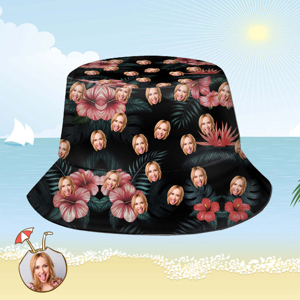 Custom Bucket Hat Personalized Face All Over Print Tropical Flower Print Hawaiian Fisherman Hat - auphotoblanket