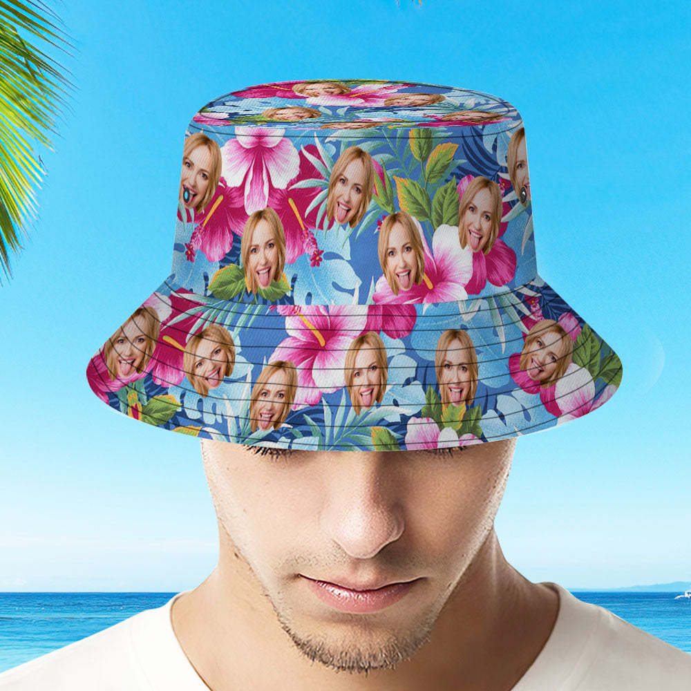 Custom Bucket Hat Personalized Face All Over Print Tropical Flower Print Hawaiian Fisherman Hat - Pink Flowers - auphotoblanket