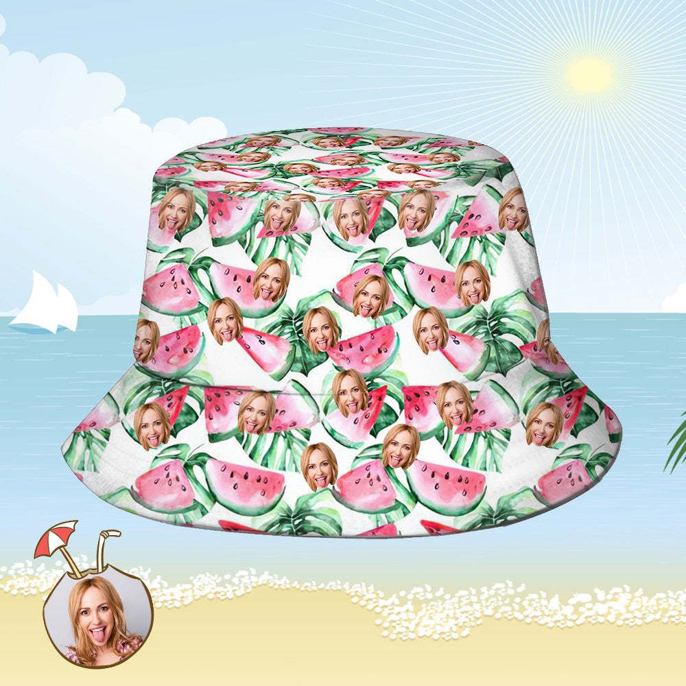 Custom Bucket Hat Personalized Face All Over Print Tropical Flower Print Hawaiian Fisherman Hat - Watermelon - auphotoblanket