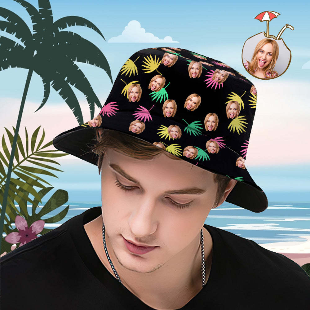 Custom Bucket Hat Personalized Face All Over Print Tropical Flower Print Hawaiian Fisherman Hat - Colorful Leaves - auphotoblanket