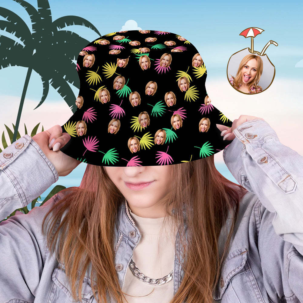 Custom Bucket Hat Personalized Face All Over Print Tropical Flower Print Hawaiian Fisherman Hat - Colorful Leaves - auphotoblanket