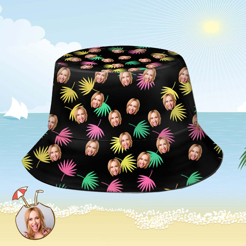 Custom Bucket Hat Personalized Face All Over Print Tropical Flower Print Hawaiian Fisherman Hat - Colorful Leaves - auphotoblanket