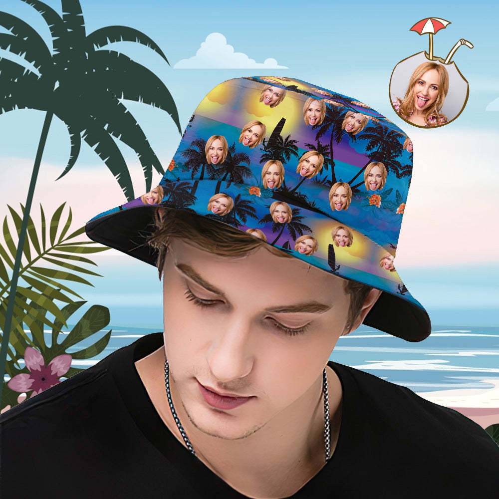 Custom Bucket Hat Personalized Face All Over Print Tropical Flower Print Hawaiian Fisherman Hat - Seaside at Dusk - auphotoblanket