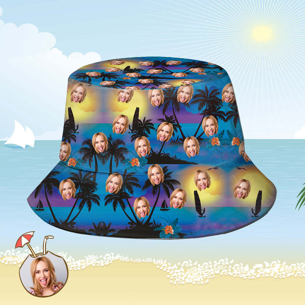 Custom Bucket Hat Personalized Face All Over Print Tropical Flower Print Hawaiian Fisherman Hat - Seaside at Dusk - auphotoblanket