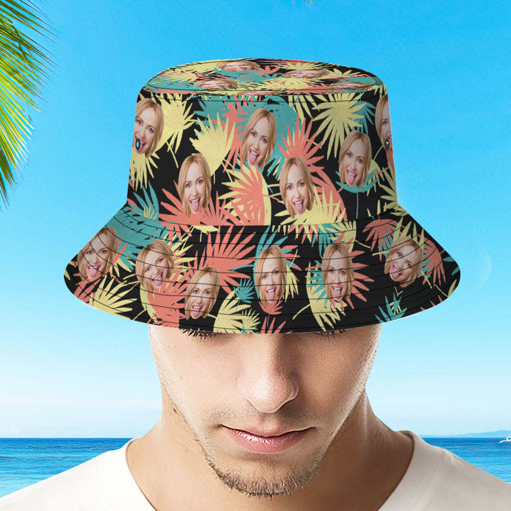 Custom Bucket Hat Personalized Face All Over Print Tropical Flower Print Hawaiian Fisherman Hat - Leaves - auphotoblanket