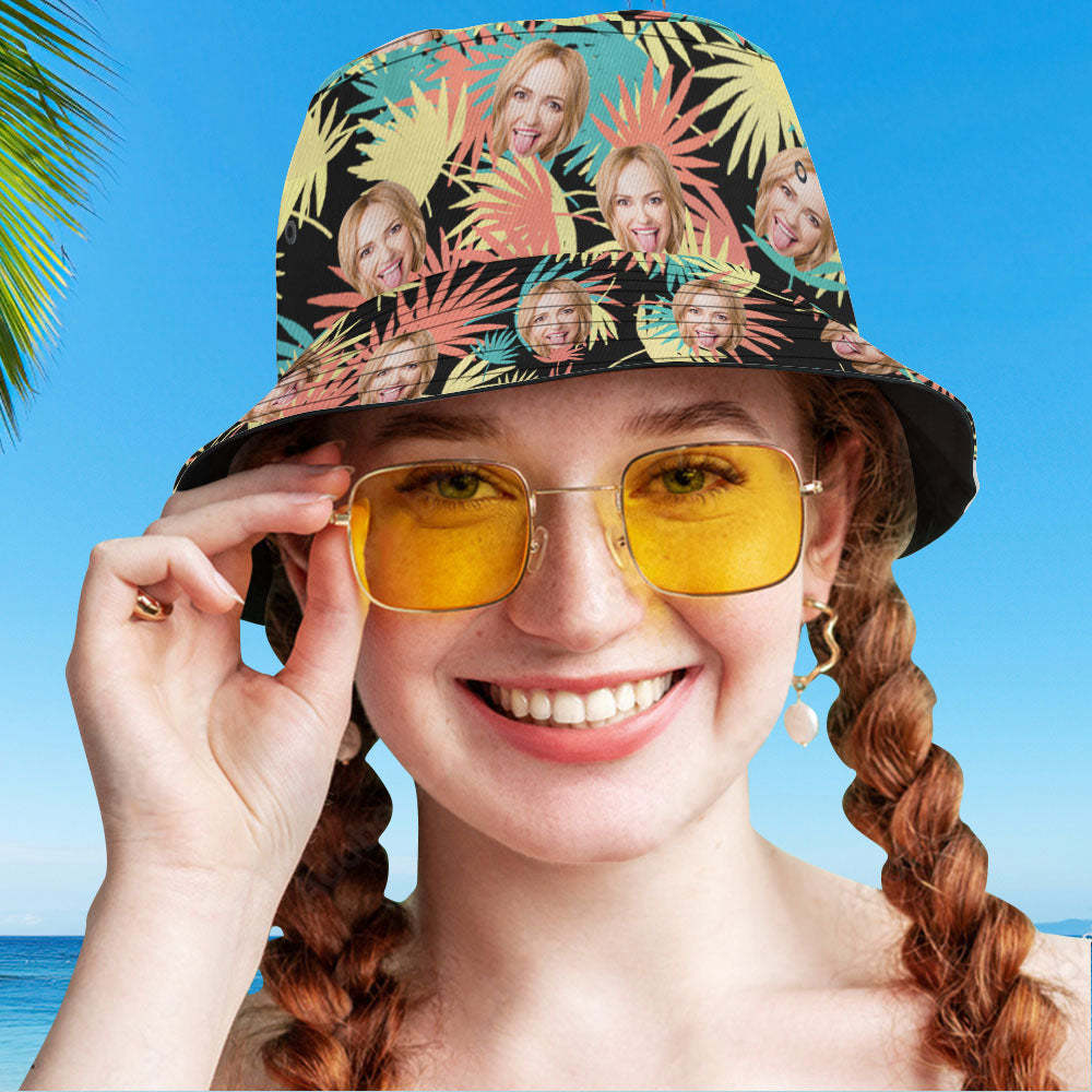 Custom Bucket Hat Personalized Face All Over Print Tropical Flower Print Hawaiian Fisherman Hat - Leaves - auphotoblanket