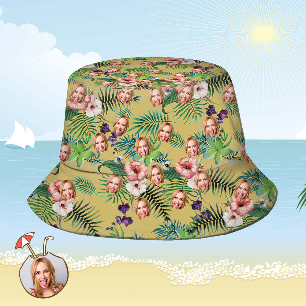 Custom Bucket Hat Personalized Face All Over Print Tropical Flower Print Hawaiian Fisherman Hat - Yellow - auphotoblanket