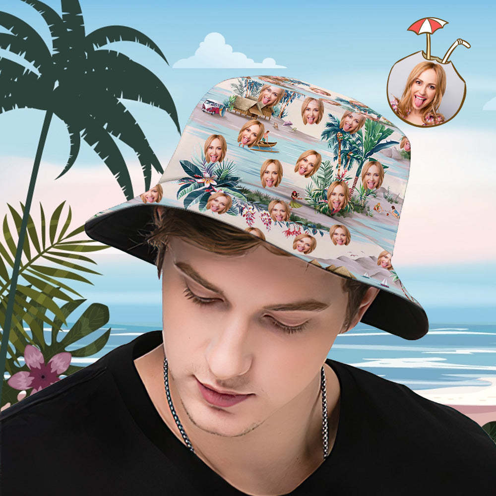 Custom Bucket Hat Personalized Face All Over Print Tropical Flower Print Hawaiian Fisherman Hat - Sea View - auphotoblanket