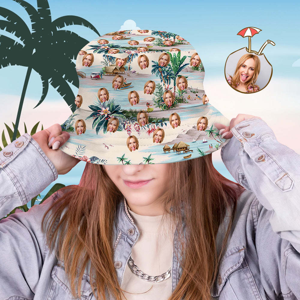 Custom Bucket Hat Personalized Face All Over Print Tropical Flower Print Hawaiian Fisherman Hat - Sea View - auphotoblanket
