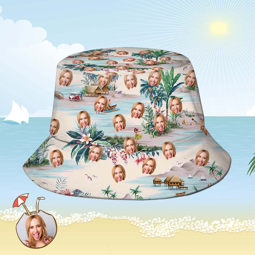 Custom Bucket Hat Personalized Face All Over Print Tropical Flower Print Hawaiian Fisherman Hat - Sea View - auphotoblanket