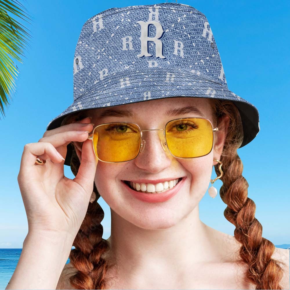 Custom Bucket Hat Unisex Blue Plaid Fisherman Hat Personalized Letter - auphotoblanket