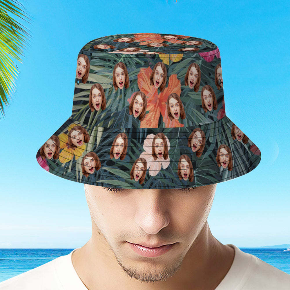 Custom Bucket Hat Unisex Face Bucket Hat Personalize Wide Brim Outdoor Summer Cap Hiking Beach Sports Hats Hawaiian Style Gift for Lover - auphotoblanket