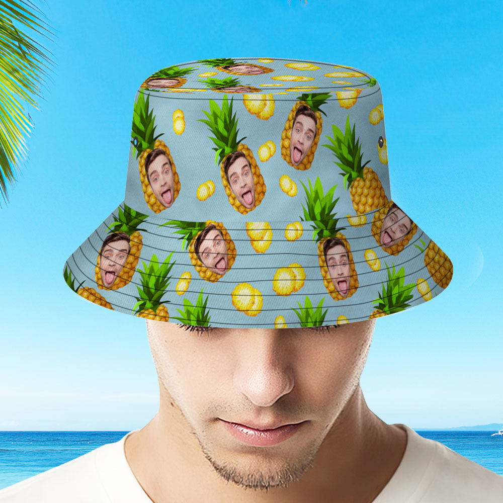 Personalized Photo Gift Funny Cartoon Pineapple Bucket Hat Hawaiian Fisherman Hat - auphotoblanket