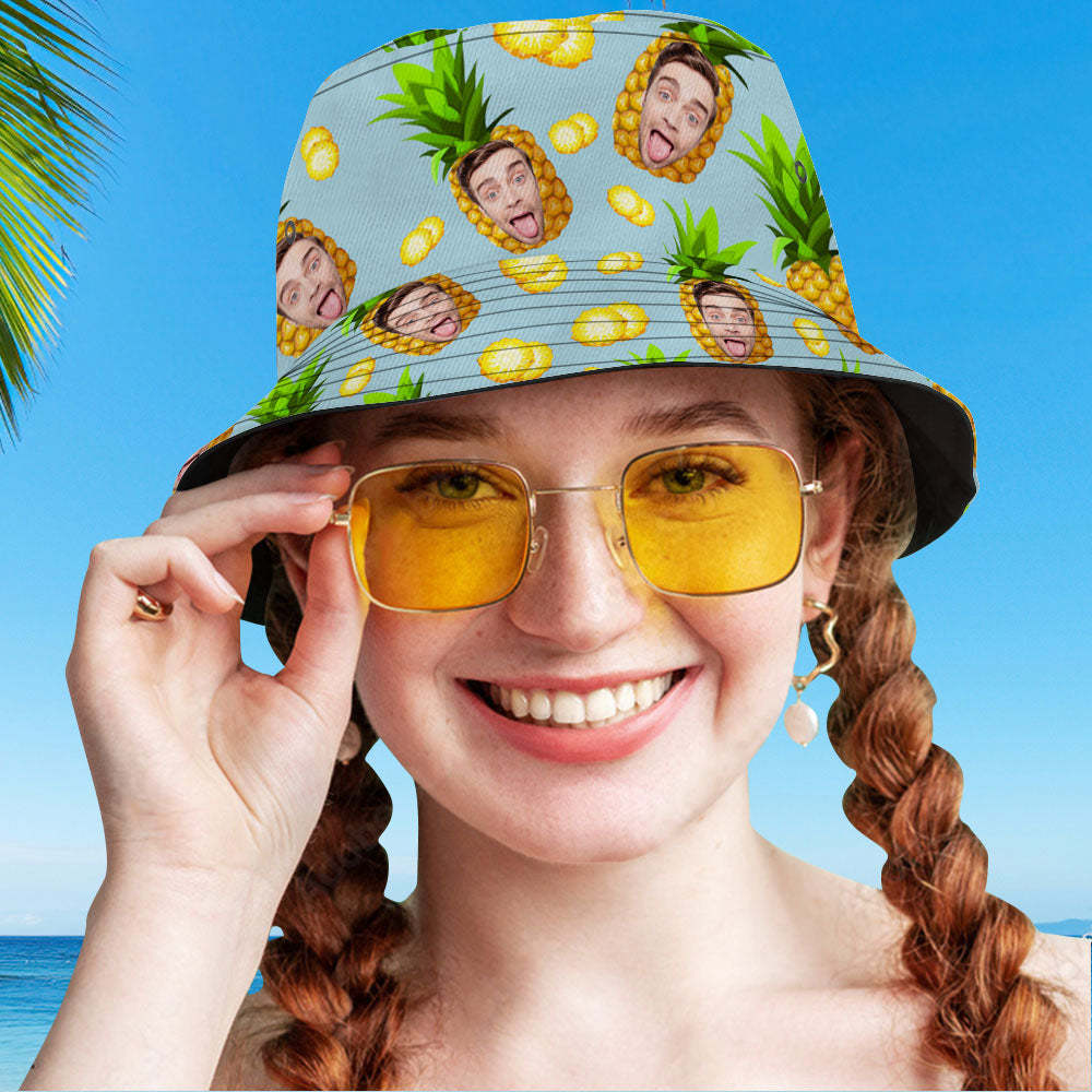 Personalized Photo Gift Funny Cartoon Pineapple Bucket Hat Hawaiian Fisherman Hat - auphotoblanket