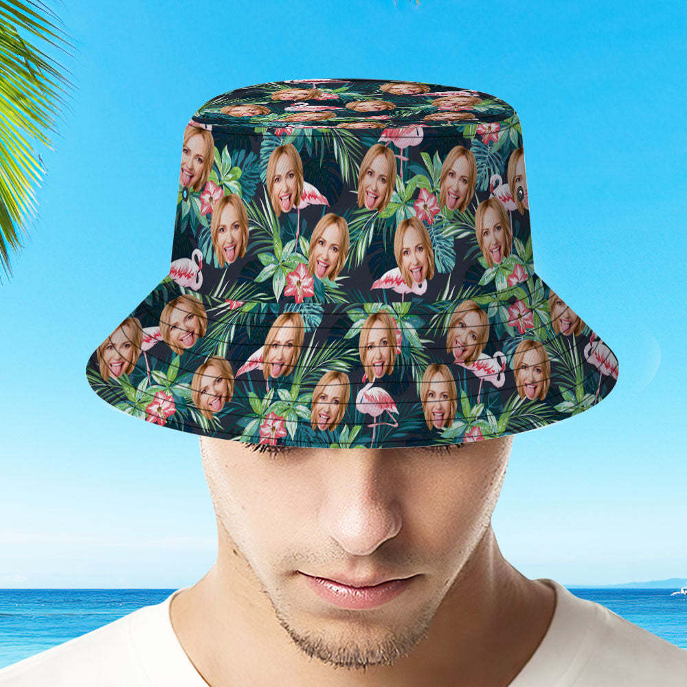 Custom Bucket Hat Personalized Face All Over Print Tropical Flower Print Hawaiian Fisherman Hat - Flamingo - auphotoblanket