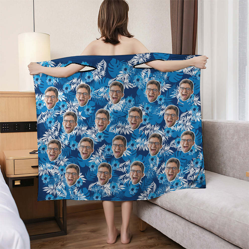 Custom Bath Towel Fashion Bath Dress Home Bath Robes Soft And Absorbent Bathrobe Blue Leaves - auphotoblanket