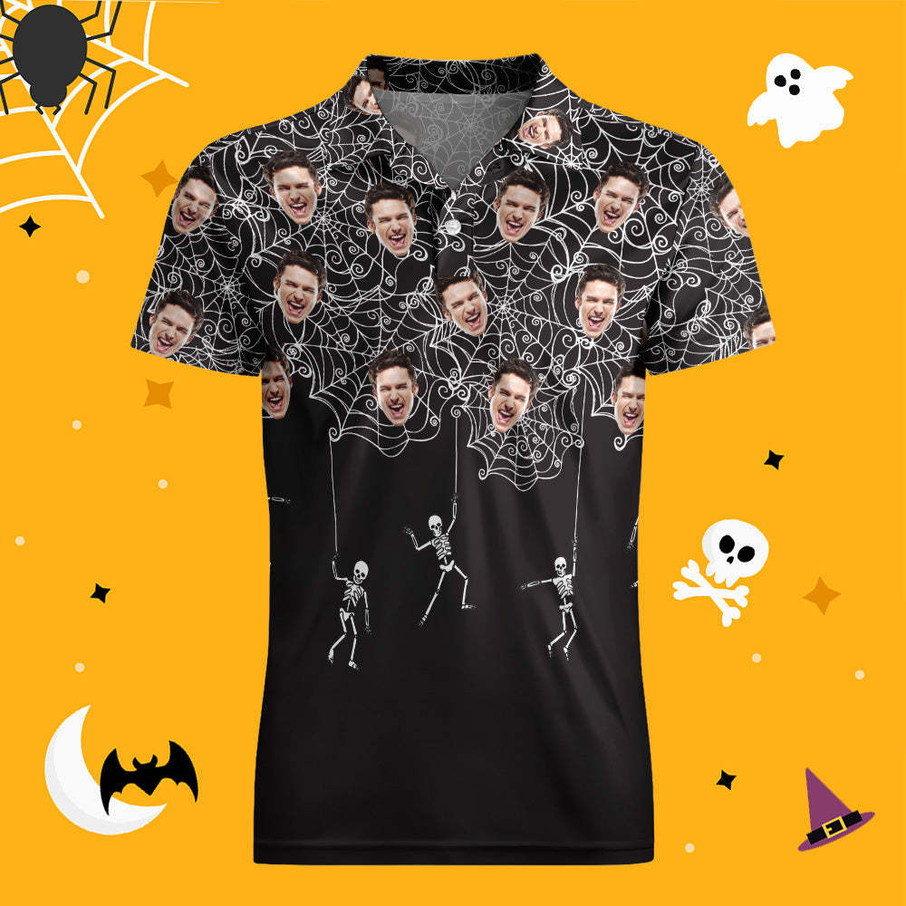 Men's Custom Funny Face Black Shirt Personalized Golf Shirts For Halloween Gift Spider Web - auphotoblanket