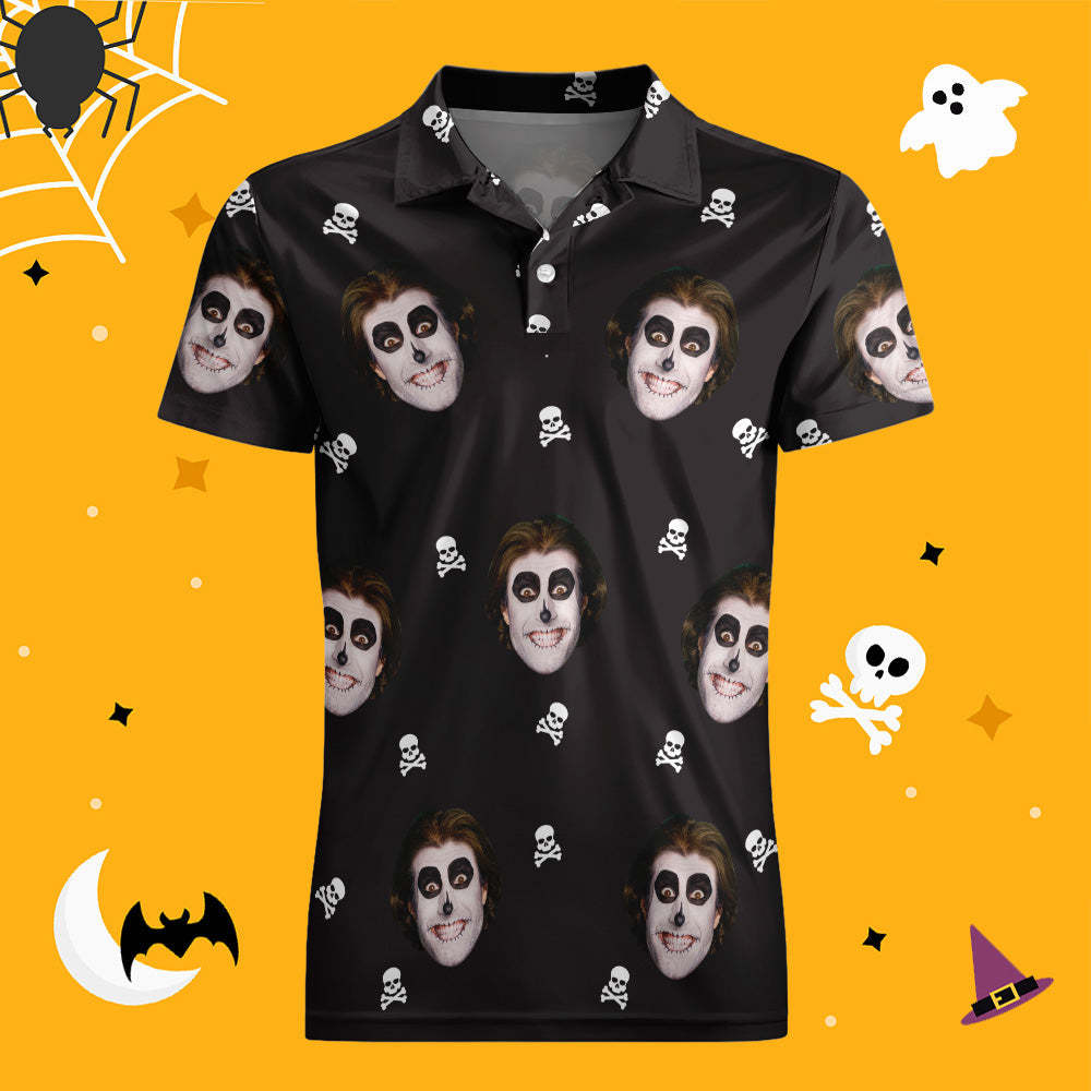 Men's Custom Funny Face Black Shirt Personalized Golf Shirts For Halloween Drama Gift Skull - auphotoblanket