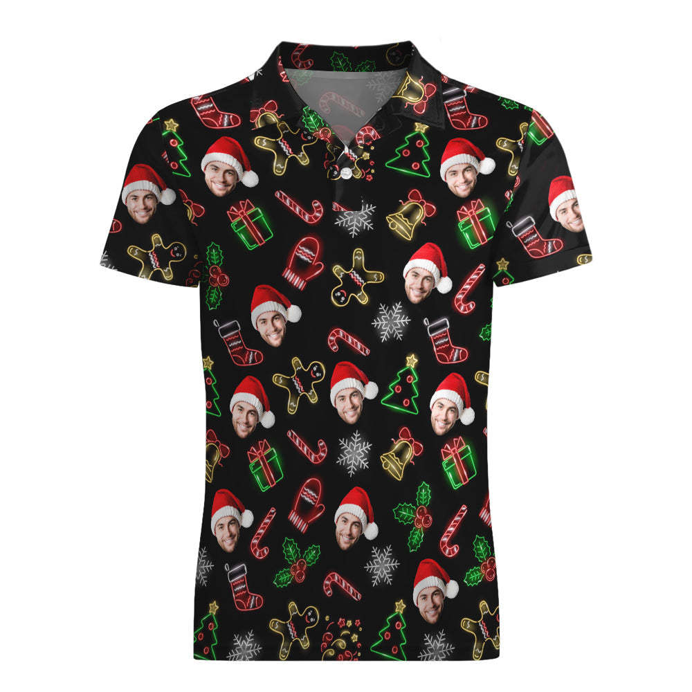 Men's Custom Face Christmas Neon Polo Shirt Personalized Short Sleeve Golf Shirts Gift - auphotoblanket
