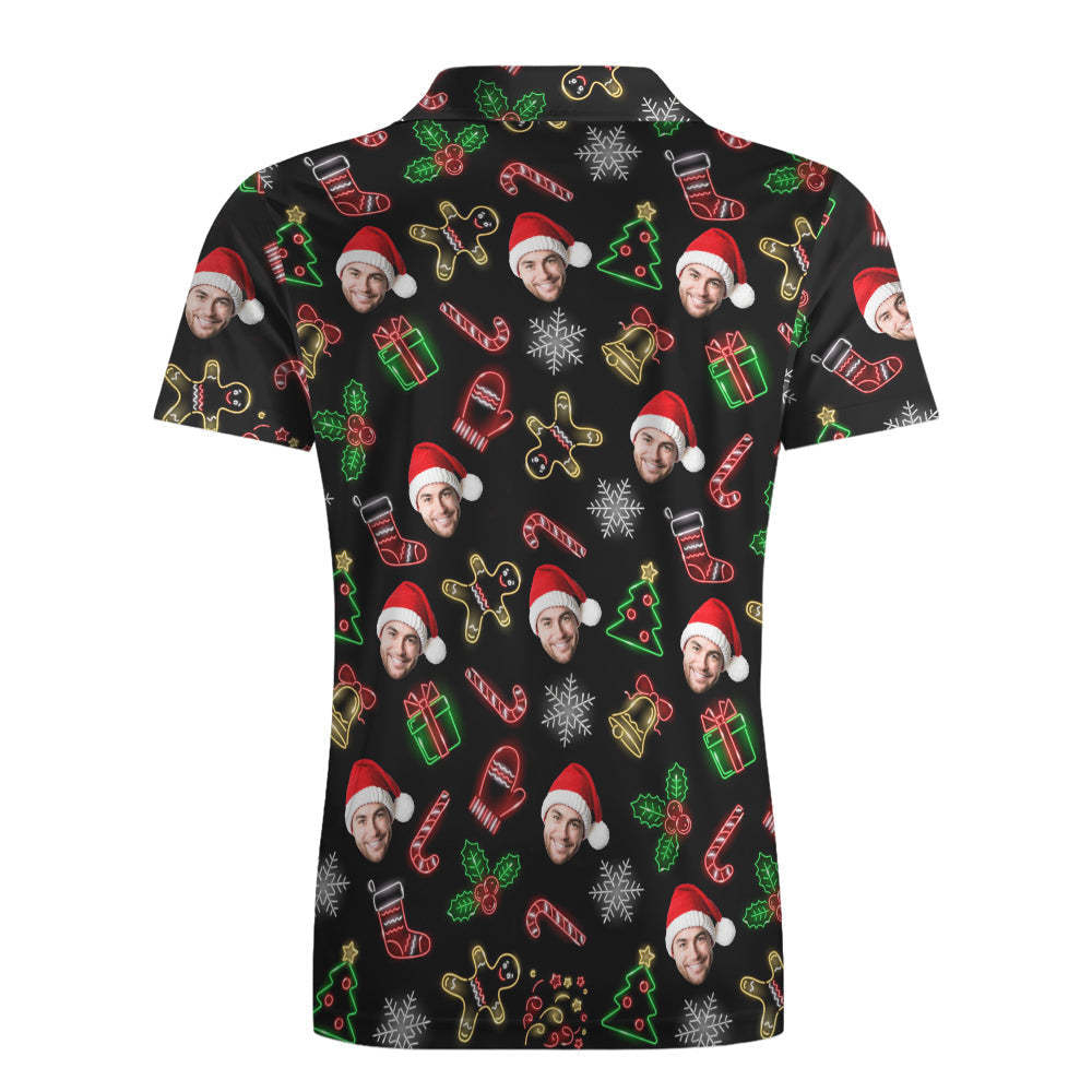 Men's Custom Face Christmas Neon Polo Shirt Personalized Short Sleeve Golf Shirts Gift - auphotoblanket