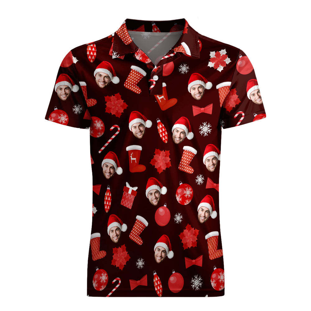 Men's Custom Face Christmas Polo-Shirts Short Sleeve Golf Tees Red Outdoor Sport Tennis Tops - auphotoblanket