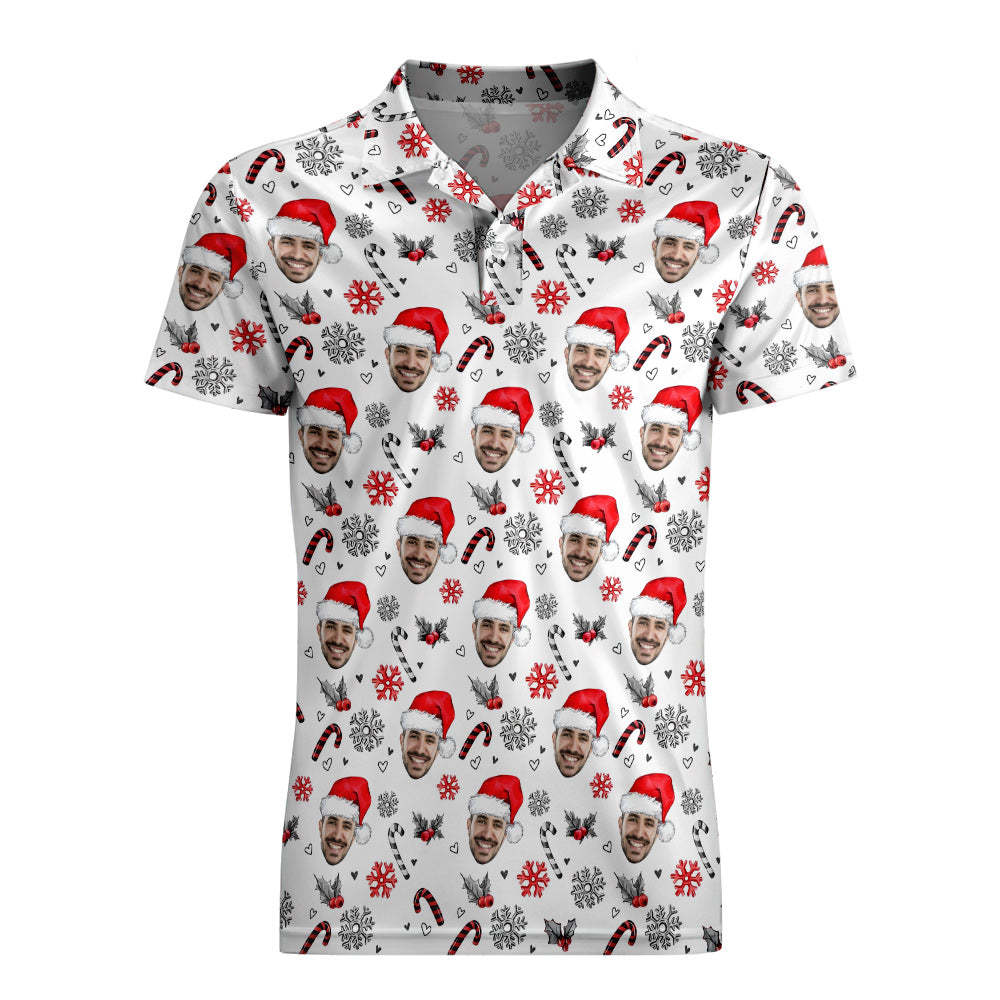 Men's Custom Face Shirt Personalized Face With Christmas Hat Pattern Golf Polo Shirts - auphotoblanket