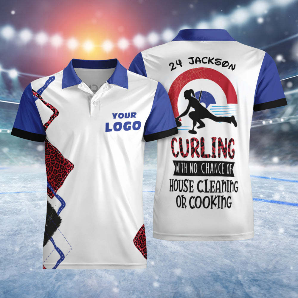 Custom LOGO And Number Name Short Sleeve Polo Shirt Red Leopard Shirt Curling With No Chance Of House Clean or Cooking - auphotoblanket