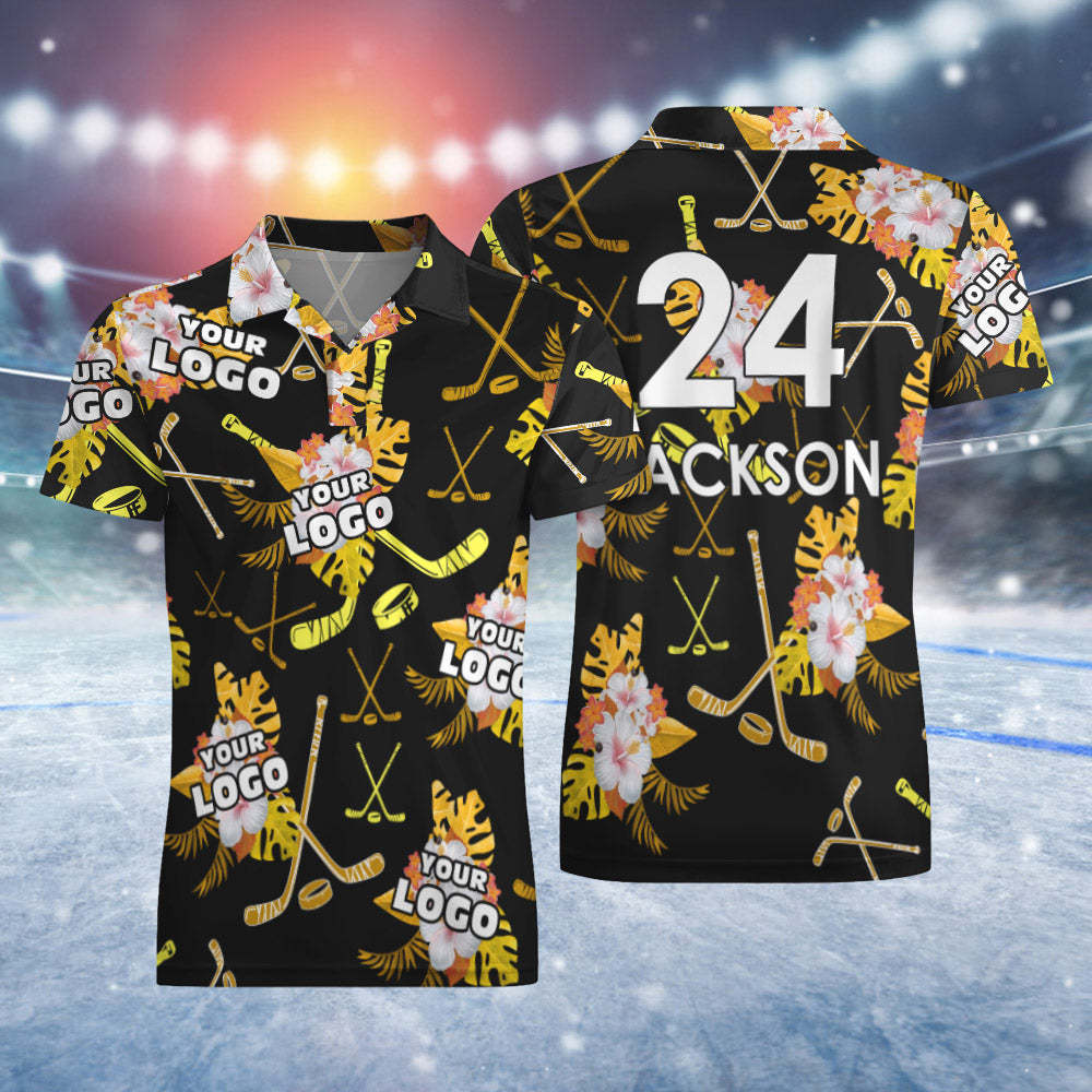 Custom LOGO Number Name Short Sleeve Polo Shirt Hockey Tropical Black & Yellow Shirt For Him - auphotoblanket