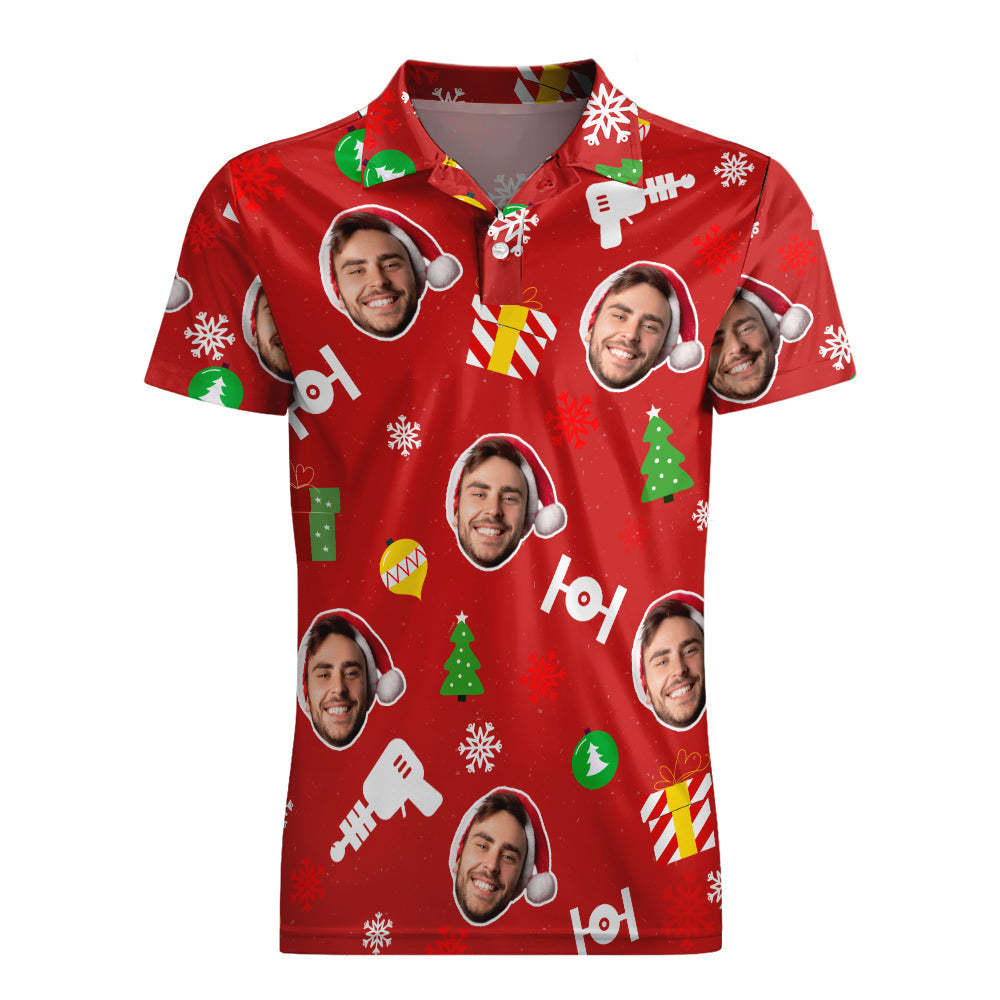 Custom Photo Red Short Sleeve Polo Shirt Personalized Christmas Men's Golf Shirt Mens Tops - auphotoblanket
