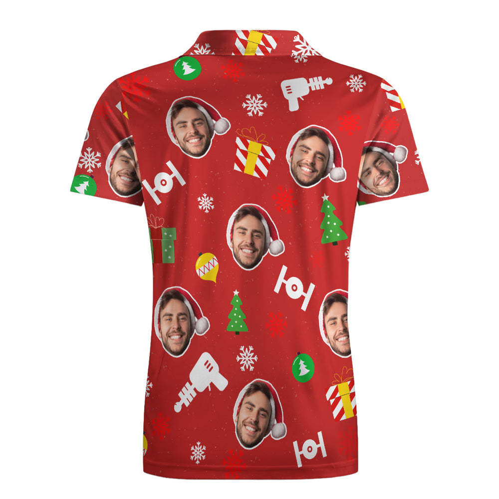 Custom Photo Red Short Sleeve Polo Shirt Personalized Christmas Men's Golf Shirt Mens Tops - auphotoblanket
