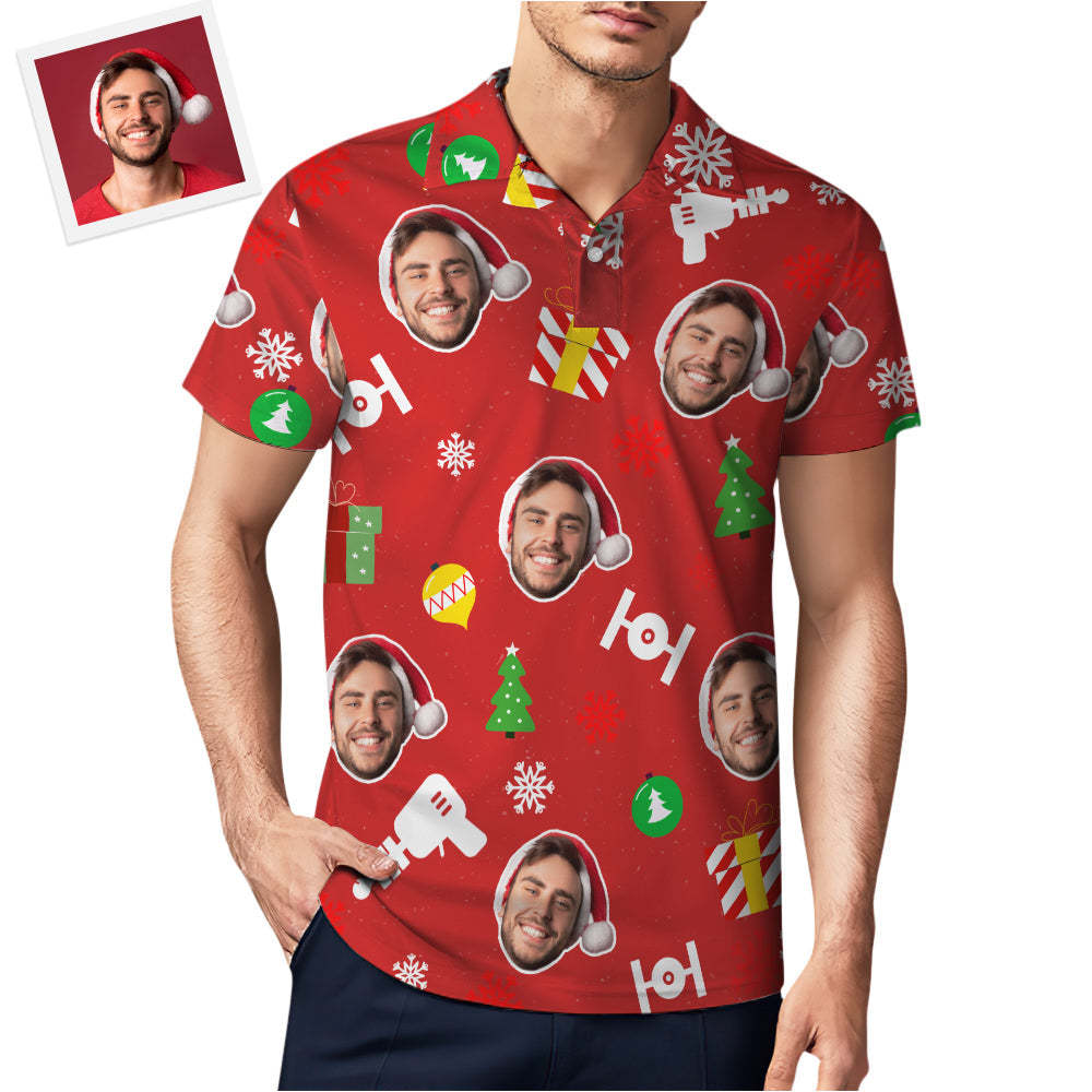 Custom Photo Red Short Sleeve Polo Shirt Personalized Christmas Men's Golf Shirt Mens Tops - auphotoblanket