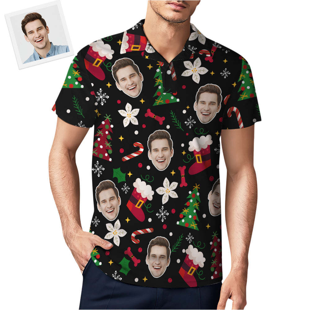 Custom Photo Christmas Short Sleeve Polo Shirt Personalized Funny Dog Christmas Shirt Mens Tops - auphotoblanket