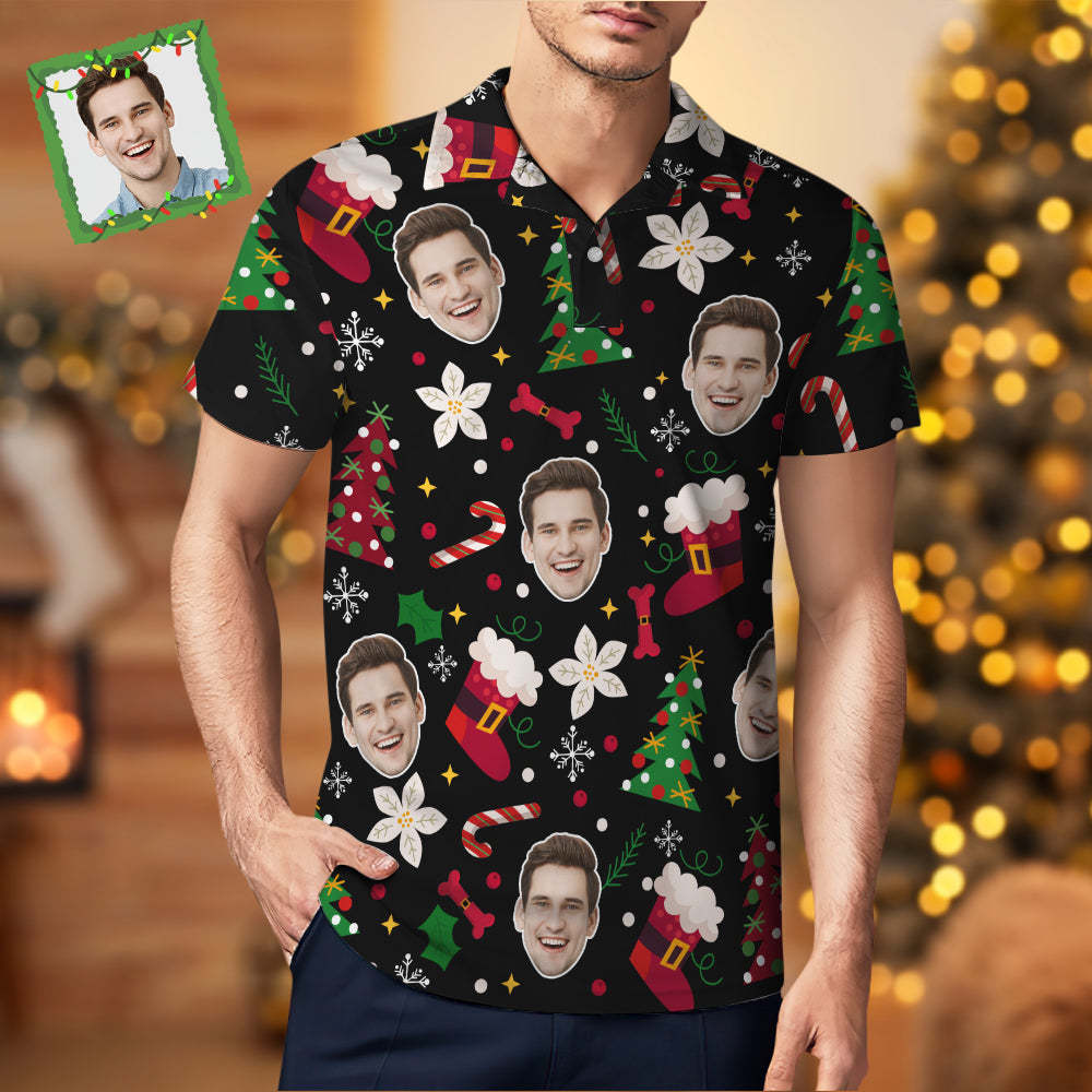 Custom Photo Christmas Short Sleeve Polo Shirt Personalized Funny Dog Christmas Shirt Mens Tops - auphotoblanket