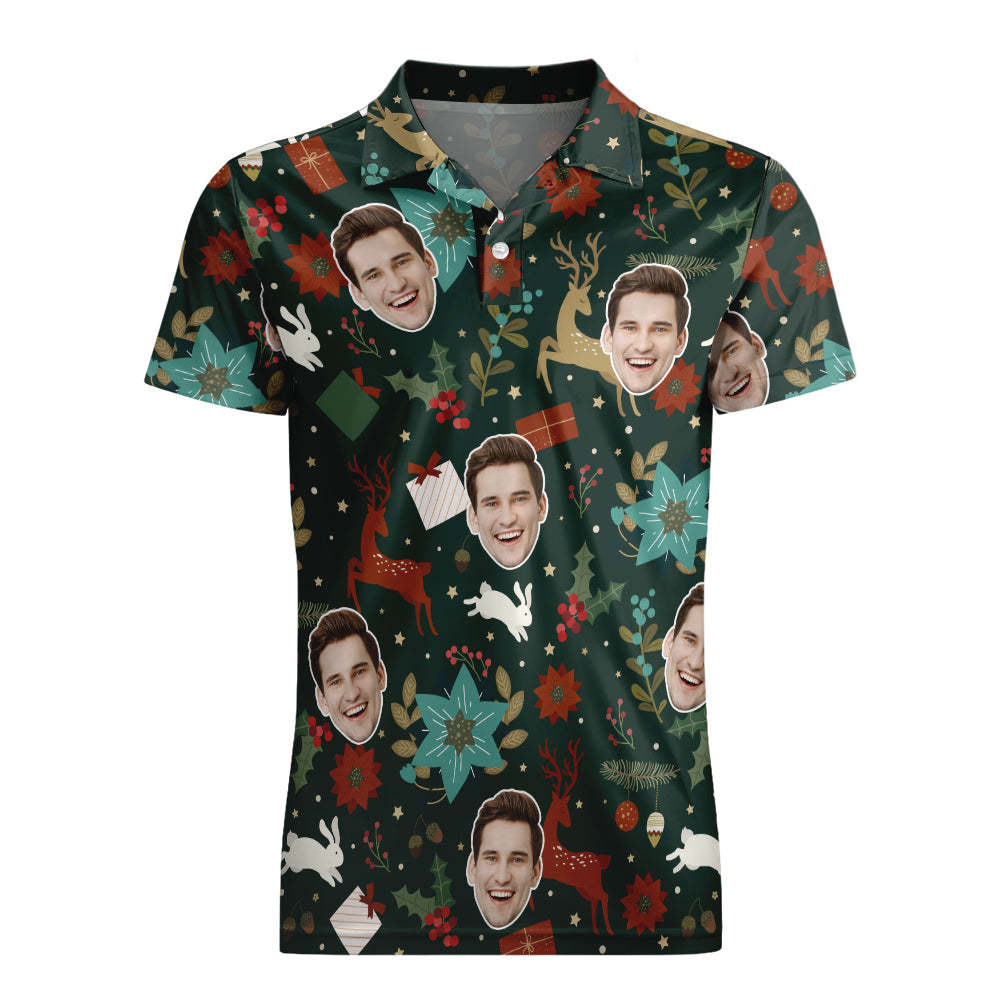 Custom Photo Short Sleeve Polo Shirt Personalized Christmas Golden Deer Pattern Golf Shirt Mens Tops - auphotoblanket