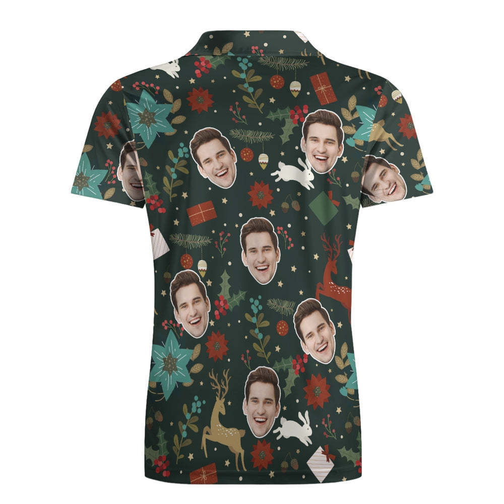Custom Photo Short Sleeve Polo Shirt Personalized Christmas Golden Deer Pattern Golf Shirt Mens Tops - auphotoblanket