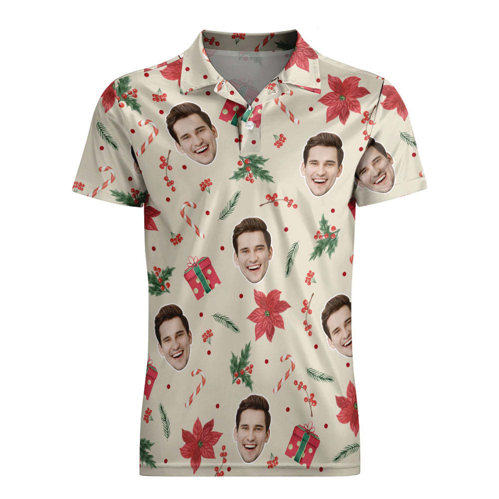 Custom Photo Vintage Short Sleeve Polo Shirt Personalized Christmas Elements Seamless Pattern Golf Shirt Mens Tops - auphotoblanket