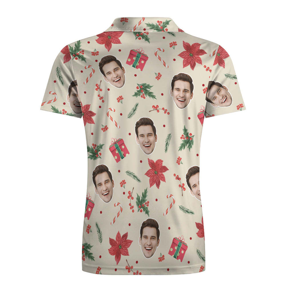 Custom Photo Vintage Short Sleeve Polo Shirt Personalized Christmas Elements Seamless Pattern Golf Shirt Mens Tops - auphotoblanket
