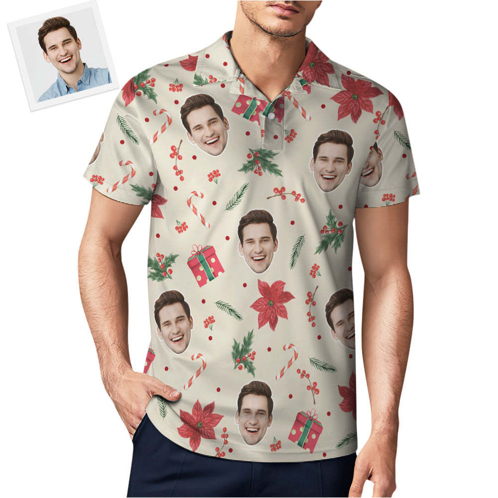 Custom Photo Vintage Short Sleeve Polo Shirt Personalized Christmas Elements Seamless Pattern Golf Shirt Mens Tops - auphotoblanket