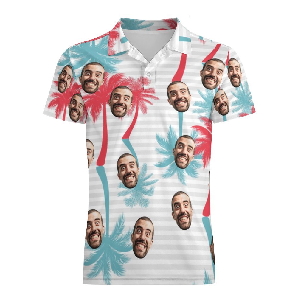 Men's Custom Face Polo Shirt Striped Style Personalized Hawaiian Golf Shirts - auphotoblanket
