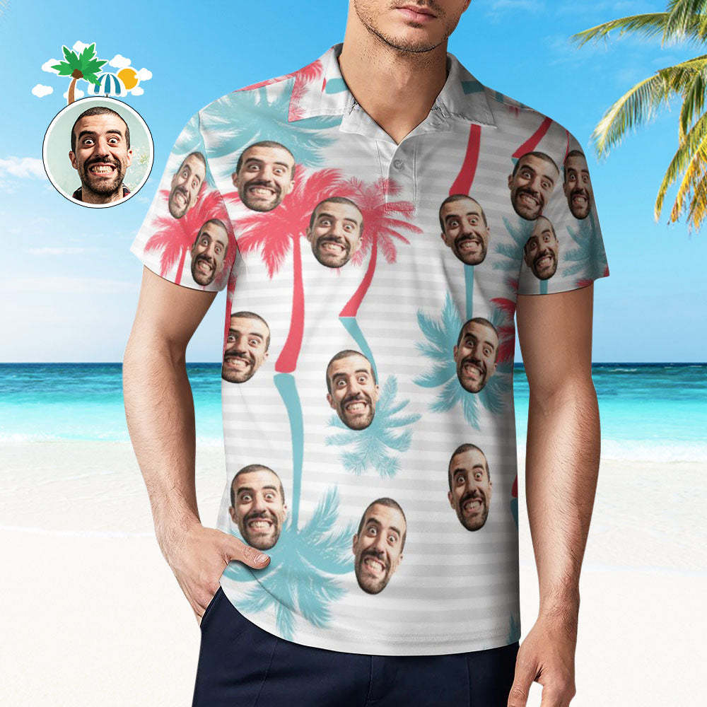 Men's Custom Face Polo Shirt Striped Style Personalized Hawaiian Golf Shirts - auphotoblanket