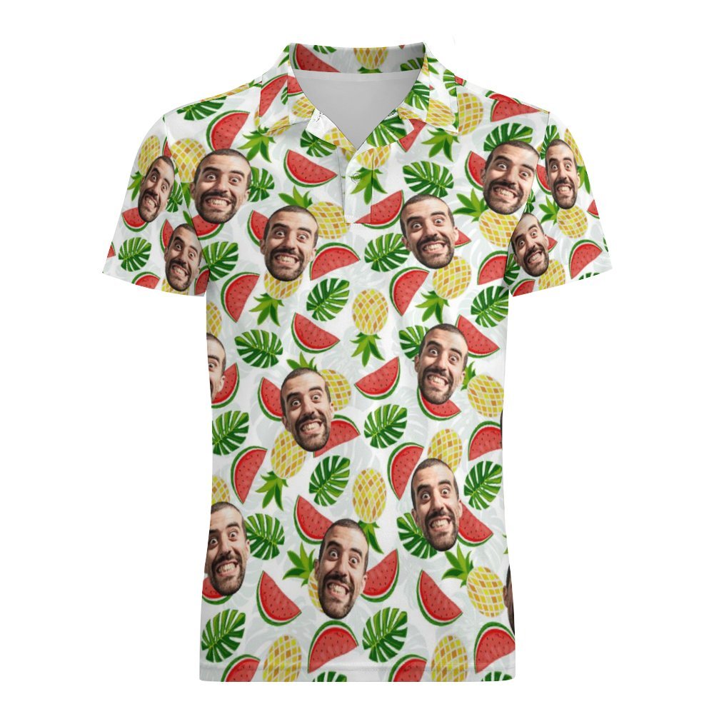 Men's Custom Face Polo Shirt Pineapples and Watermelon Personalized Hawaiian Golf Shirts - auphotoblanket