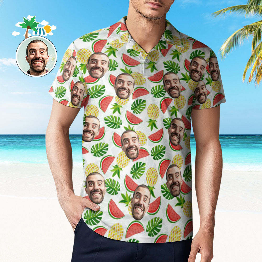 Men's Custom Face Polo Shirt Pineapples and Watermelon Personalized Hawaiian Golf Shirts - auphotoblanket