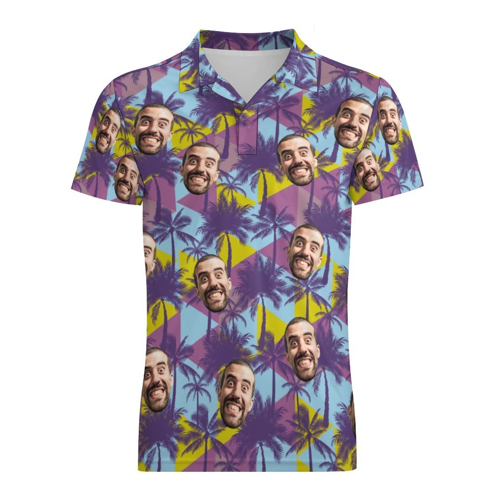 Men's Custom Face Polo Shirt Colorful Coconut Trees Personalized Hawaiian Golf Shirts - auphotoblanket