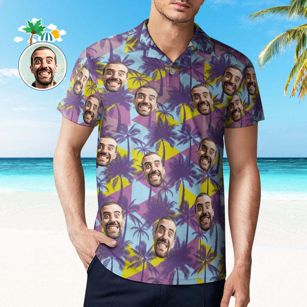 Men's Custom Face Polo Shirt Colorful Coconut Trees Personalized Hawaiian Golf Shirts - auphotoblanket