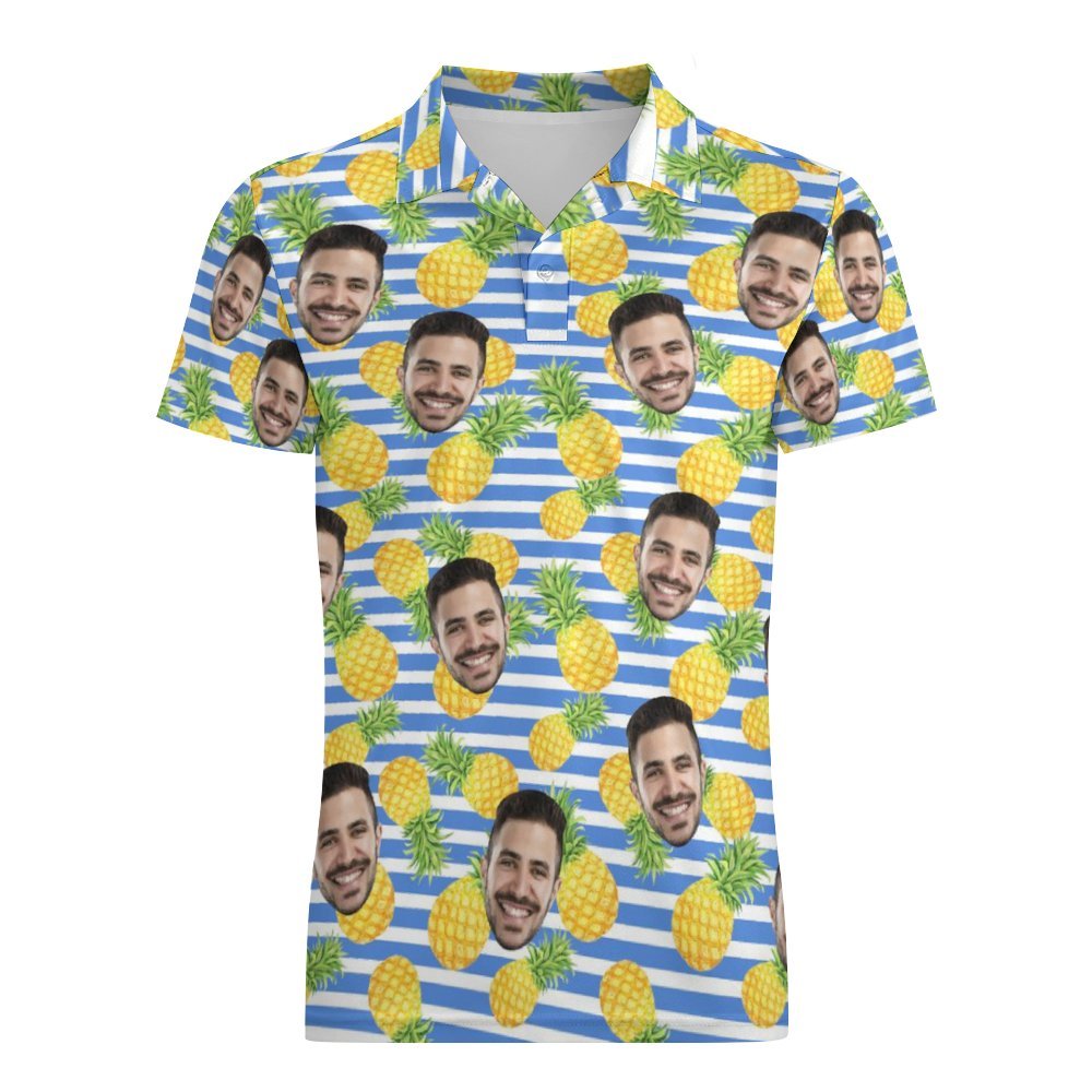 Men's Custom Face Polo Shirt Blue Stripes with Pineapples Personalized Hawaiian Golf Shirts - auphotoblanket
