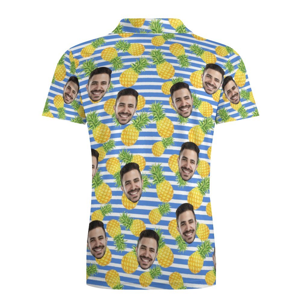 Men's Custom Face Polo Shirt Blue Stripes with Pineapples Personalized Hawaiian Golf Shirts - auphotoblanket