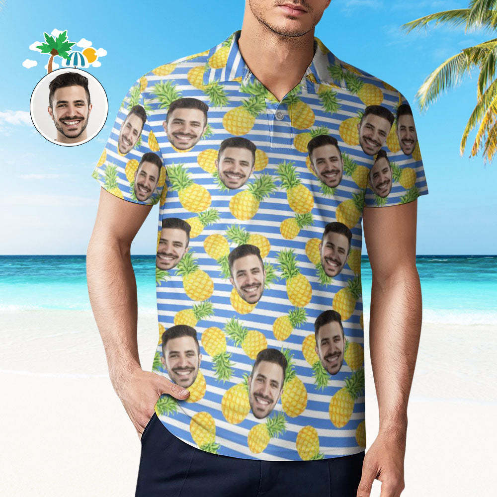 Men's Custom Face Polo Shirt Blue Stripes with Pineapples Personalized Hawaiian Golf Shirts - auphotoblanket