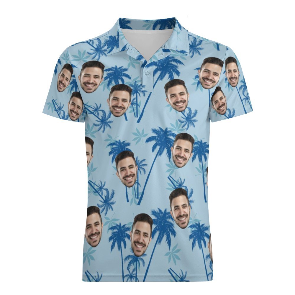 Men's Custom Face Polo Shirt Personalized Light Blue Hawaiian Golf Shirts - auphotoblanket