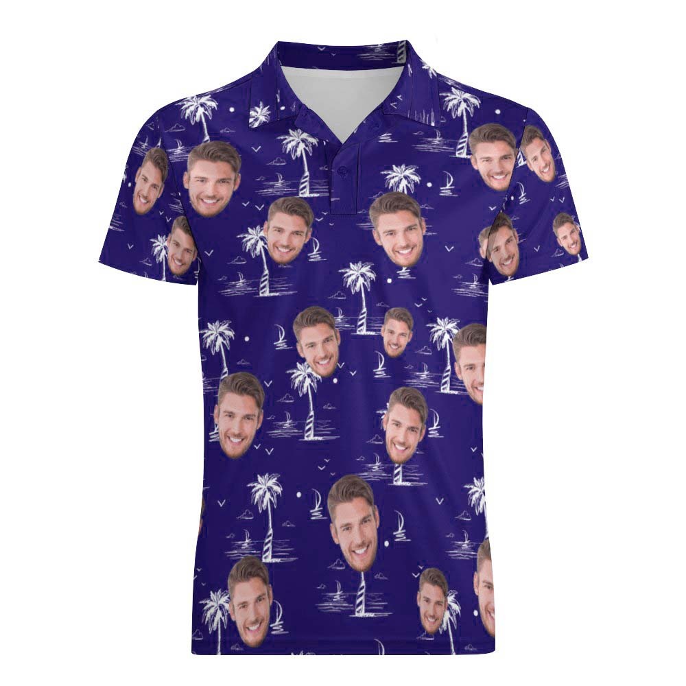Custom Face Polo Shirt For Men Coconut Tree Island Personalized Hawaiian Golf Shirts - auphotoblanket